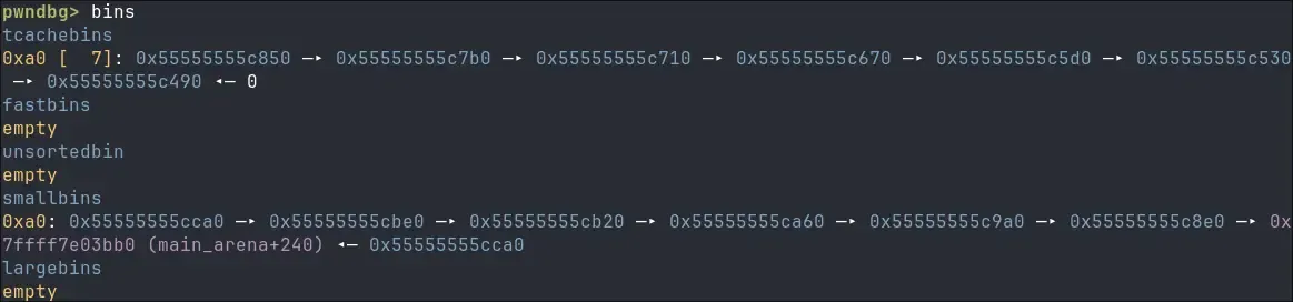 Image of pwndbg that shows how the stash unlink attack works.