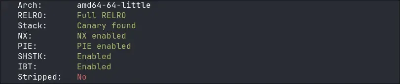 xhecksec output showing all security mitigations active.
