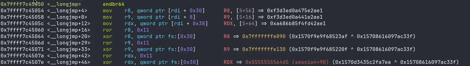 Asm that demangles the pointer in __longjmp